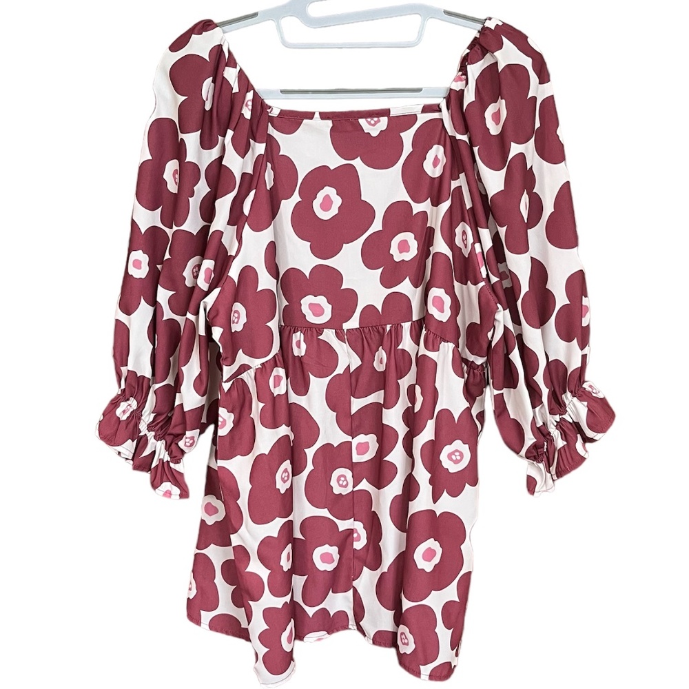 Vision USA Burgundy & Pink Balloon Sleeve Peplum Blouse Size M EUC